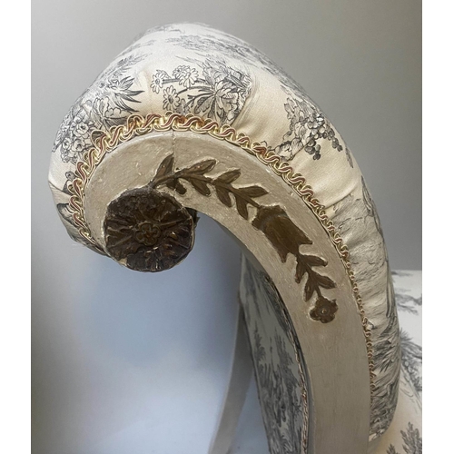 241 - WINDOW SEAT, 112cm W x 48cm D x 87cm H, 19th century French, grey painted and parcel gilt with toile... 