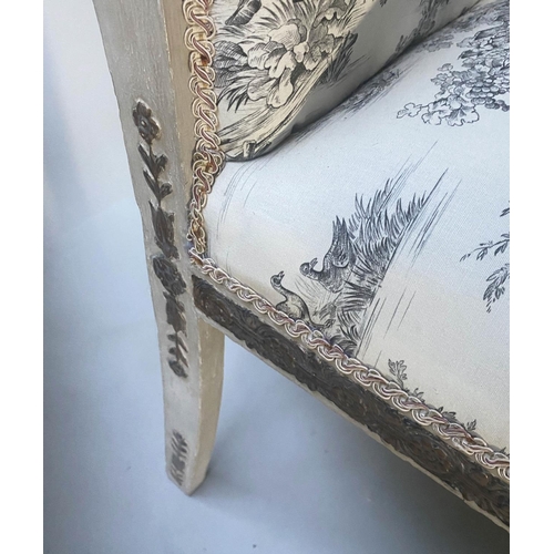 241 - WINDOW SEAT, 112cm W x 48cm D x 87cm H, 19th century French, grey painted and parcel gilt with toile... 