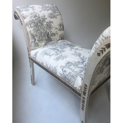 241 - WINDOW SEAT, 112cm W x 48cm D x 87cm H, 19th century French, grey painted and parcel gilt with toile... 