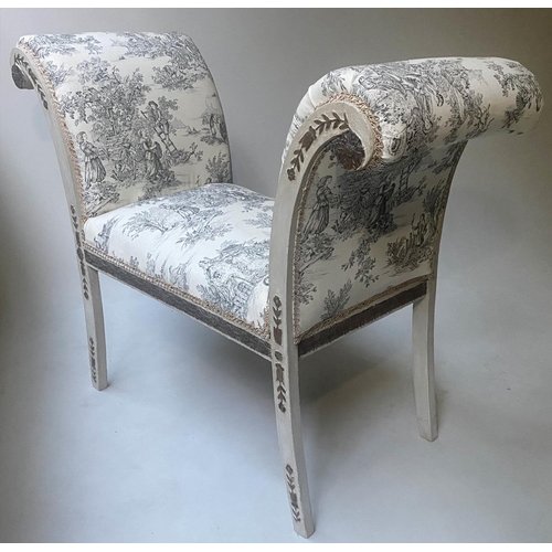 241 - WINDOW SEAT, 112cm W x 48cm D x 87cm H, 19th century French, grey painted and parcel gilt with toile... 