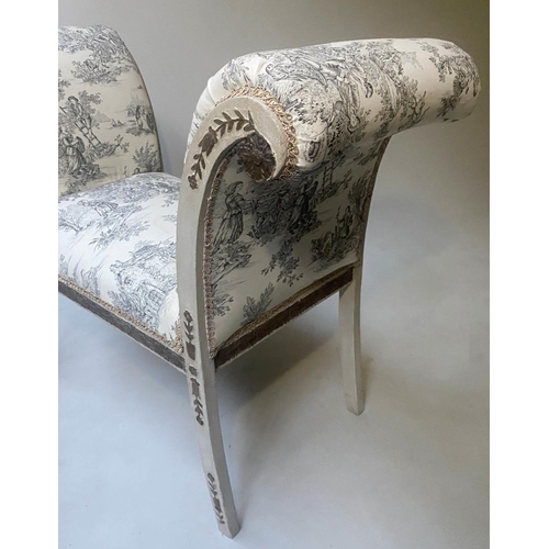 241 - WINDOW SEAT, 112cm W x 48cm D x 87cm H, 19th century French, grey painted and parcel gilt with toile... 