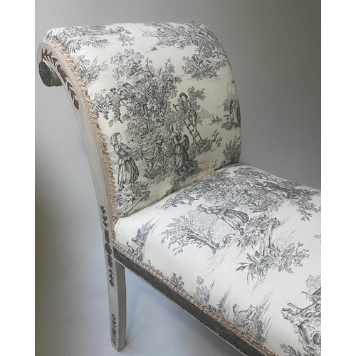 241 - WINDOW SEAT, 112cm W x 48cm D x 87cm H, 19th century French, grey painted and parcel gilt with toile... 