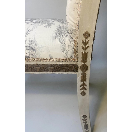 241 - WINDOW SEAT, 112cm W x 48cm D x 87cm H, 19th century French, grey painted and parcel gilt with toile... 