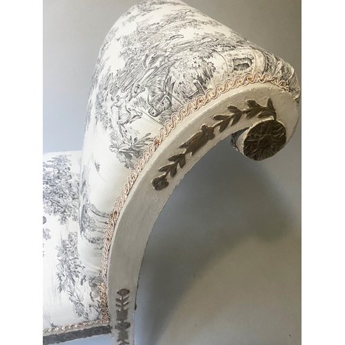 241 - WINDOW SEAT, 112cm W x 48cm D x 87cm H, 19th century French, grey painted and parcel gilt with toile... 