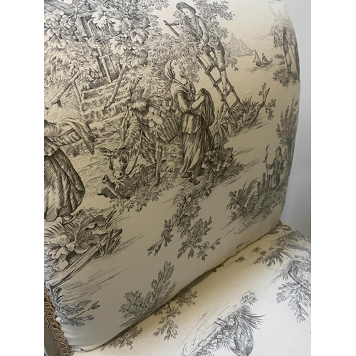 241 - WINDOW SEAT, 112cm W x 48cm D x 87cm H, 19th century French, grey painted and parcel gilt with toile... 