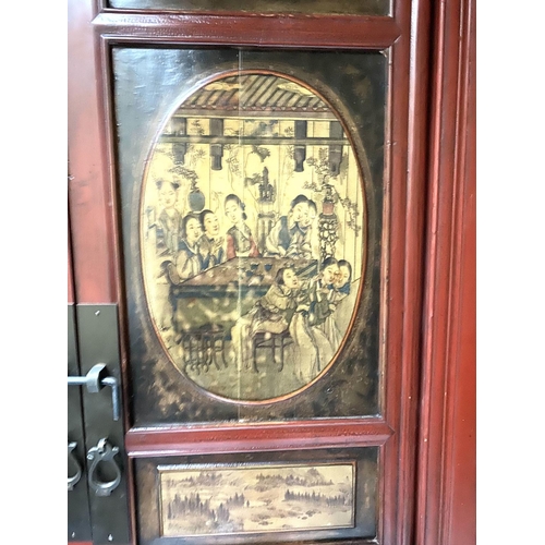 242 - MARRIAGE CABINET, 77cm W x 55cm D x 179cm H, 19th century Chinese, scarlet lacquered, with typical p... 