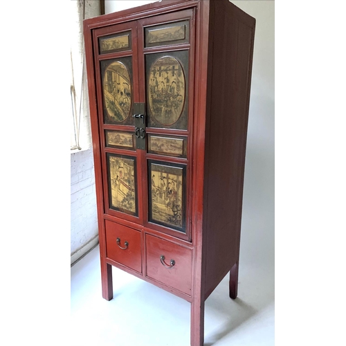 242 - MARRIAGE CABINET, 77cm W x 55cm D x 179cm H, 19th century Chinese, scarlet lacquered, with typical p... 