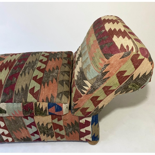 246 - KELIM OTTOMAN CHAISE, 161cm W, 19th century, with rising lid and raised scroll ends.