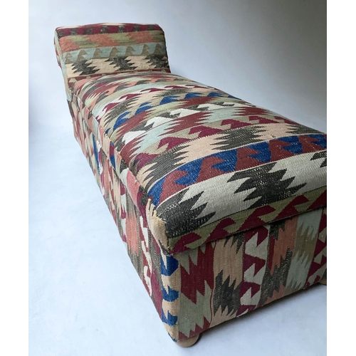 246 - KELIM OTTOMAN CHAISE, 161cm W, 19th century, with rising lid and raised scroll ends.