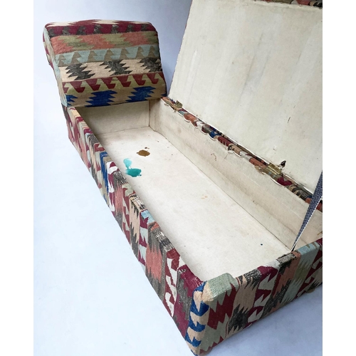 246 - KELIM OTTOMAN CHAISE, 161cm W, 19th century, with rising lid and raised scroll ends.