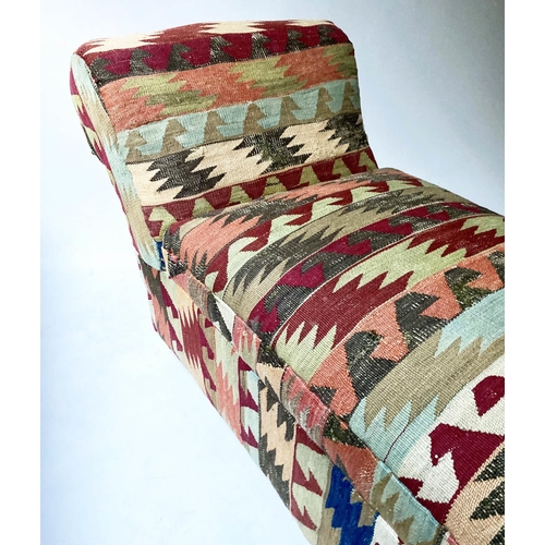 246 - KELIM OTTOMAN CHAISE, 161cm W, 19th century, with rising lid and raised scroll ends.