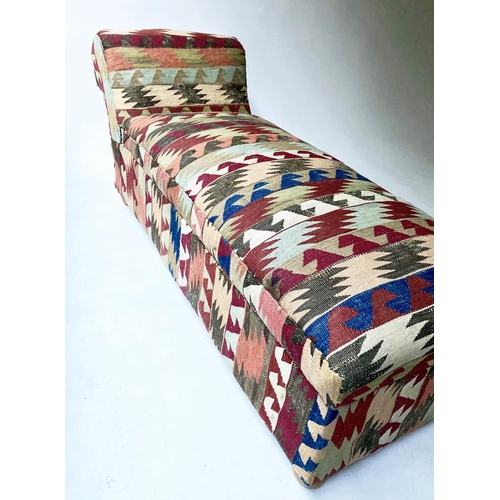 246 - KELIM OTTOMAN CHAISE, 161cm W, 19th century, with rising lid and raised scroll ends.