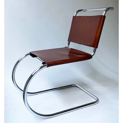 249 - DINING CHAIRS, a set of six, after Mies Van der Rohe, brown leather and chrome, with cantilever supp... 