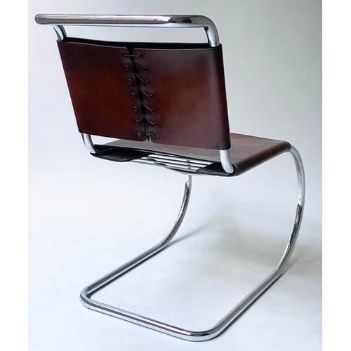249 - DINING CHAIRS, a set of six, after Mies Van der Rohe, brown leather and chrome, with cantilever supp... 