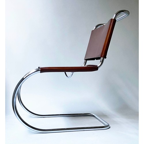 249 - DINING CHAIRS, a set of six, after Mies Van der Rohe, brown leather and chrome, with cantilever supp... 