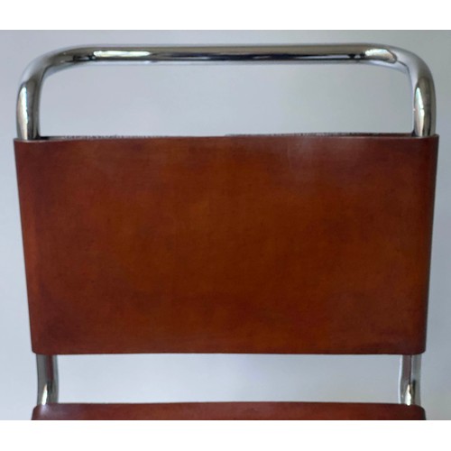 249 - DINING CHAIRS, a set of six, after Mies Van der Rohe, brown leather and chrome, with cantilever supp... 