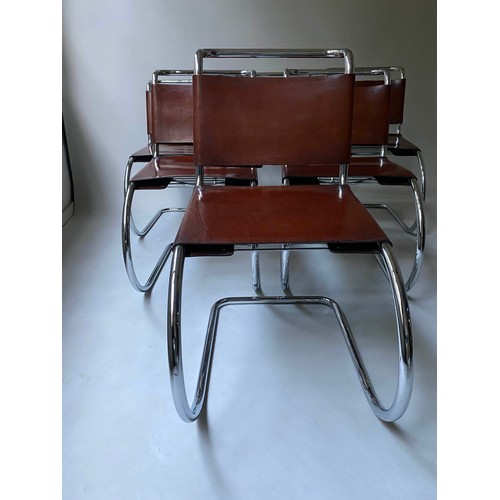 249 - DINING CHAIRS, a set of six, after Mies Van der Rohe, brown leather and chrome, with cantilever supp... 