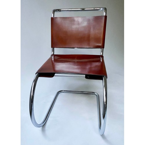 249 - DINING CHAIRS, a set of six, after Mies Van der Rohe, brown leather and chrome, with cantilever supp... 