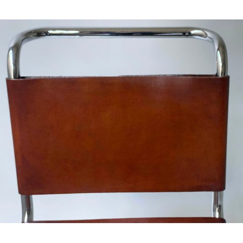 249 - DINING CHAIRS, a set of six, after Mies Van der Rohe, brown leather and chrome, with cantilever supp... 