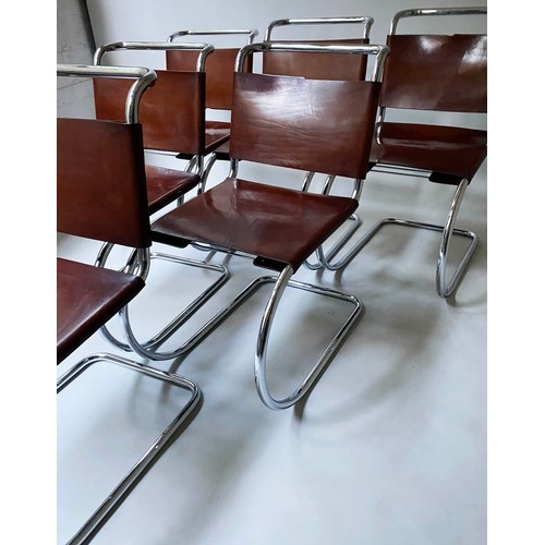 249 - DINING CHAIRS, a set of six, after Mies Van der Rohe, brown leather and chrome, with cantilever supp... 