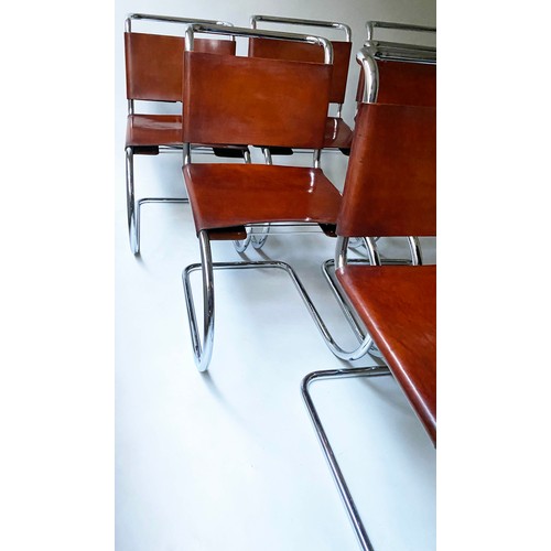 249 - DINING CHAIRS, a set of six, after Mies Van der Rohe, brown leather and chrome, with cantilever supp... 