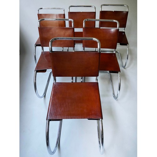 249 - DINING CHAIRS, a set of six, after Mies Van der Rohe, brown leather and chrome, with cantilever supp... 
