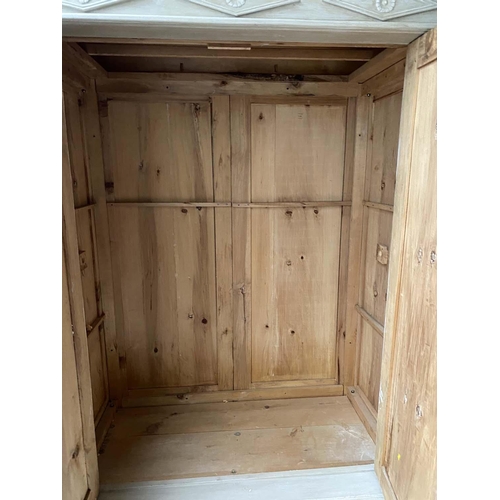 250 - ARMOIRE, French Empire style, grey painted with two panelled doors enclosing hanging space flanked b... 