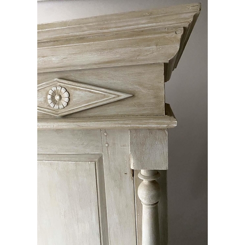 250 - ARMOIRE, French Empire style, grey painted with two panelled doors enclosing hanging space flanked b... 