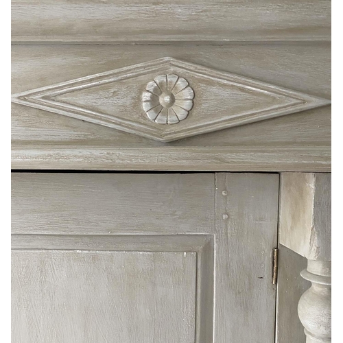 250 - ARMOIRE, French Empire style, grey painted with two panelled doors enclosing hanging space flanked b... 