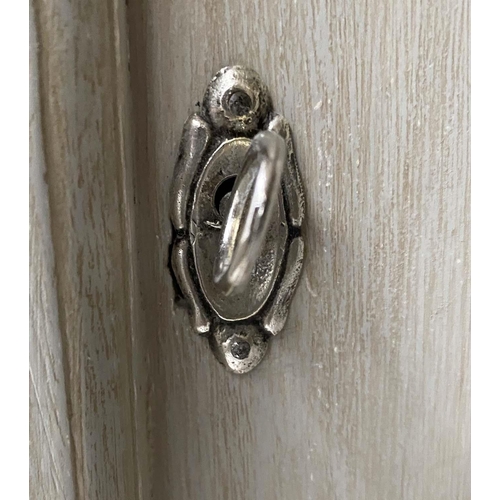 250 - ARMOIRE, French Empire style, grey painted with two panelled doors enclosing hanging space flanked b... 