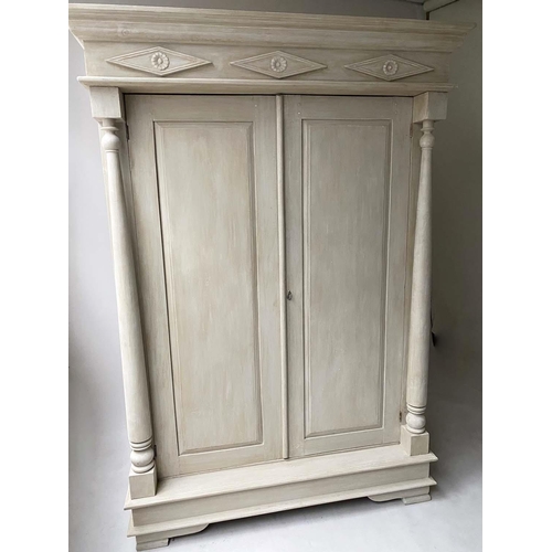 250 - ARMOIRE, French Empire style, grey painted with two panelled doors enclosing hanging space flanked b... 