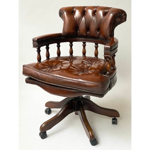 234 - REVOLVING DESK CHAIR, captain's style mahogany, with deep button upholstered brown leather adjustabl... 