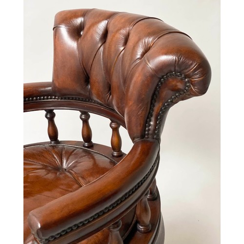 234 - REVOLVING DESK CHAIR, captain's style mahogany, with deep button upholstered brown leather adjustabl... 