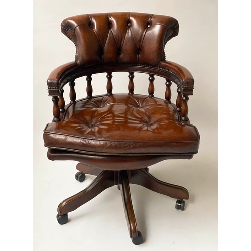 234 - REVOLVING DESK CHAIR, captain's style mahogany, with deep button upholstered brown leather adjustabl... 