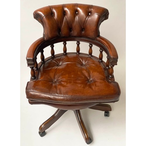 234 - REVOLVING DESK CHAIR, captain's style mahogany, with deep button upholstered brown leather adjustabl... 