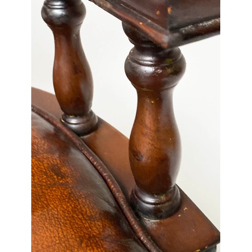 234 - REVOLVING DESK CHAIR, captain's style mahogany, with deep button upholstered brown leather adjustabl... 