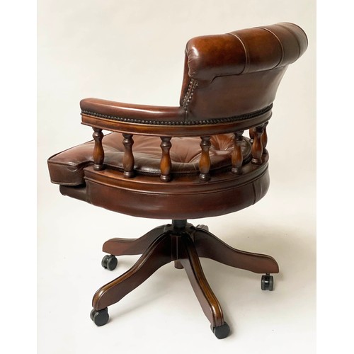 234 - REVOLVING DESK CHAIR, captain's style mahogany, with deep button upholstered brown leather adjustabl... 