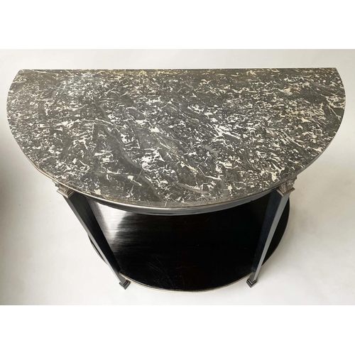 235 - CONSOLE DESSERTE, early 19th century French Empire demi lune ebonised with silvered mounts, mirror b... 