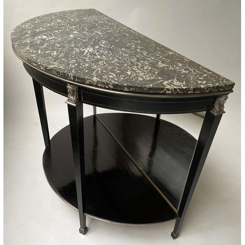 235 - CONSOLE DESSERTE, early 19th century French Empire demi lune ebonised with silvered mounts, mirror b... 