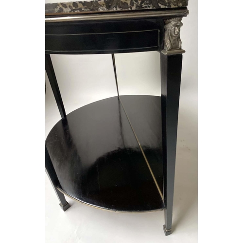 235 - CONSOLE DESSERTE, early 19th century French Empire demi lune ebonised with silvered mounts, mirror b... 