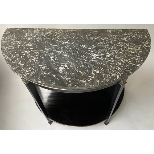 235 - CONSOLE DESSERTE, early 19th century French Empire demi lune ebonised with silvered mounts, mirror b... 