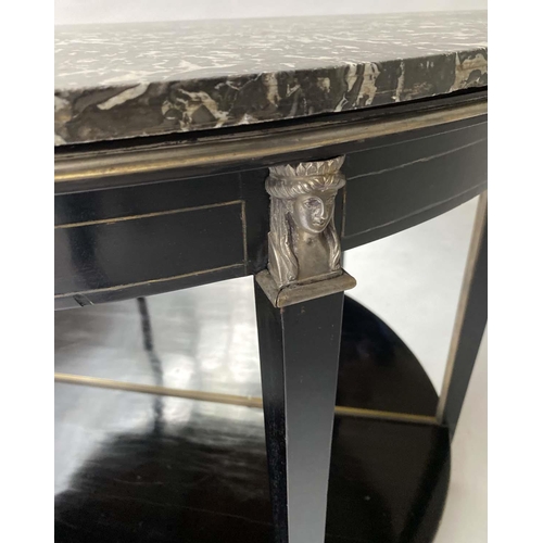 235 - CONSOLE DESSERTE, early 19th century French Empire demi lune ebonised with silvered mounts, mirror b... 