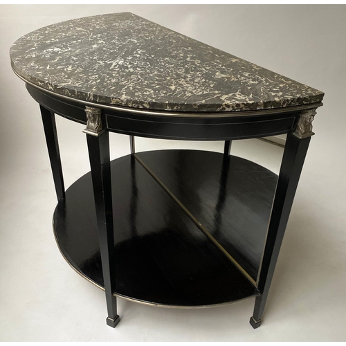 235 - CONSOLE DESSERTE, early 19th century French Empire demi lune ebonised with silvered mounts, mirror b... 