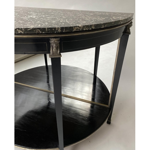 235 - CONSOLE DESSERTE, early 19th century French Empire demi lune ebonised with silvered mounts, mirror b... 