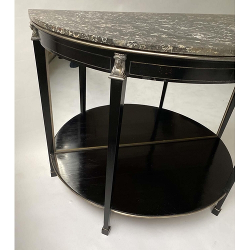 235 - CONSOLE DESSERTE, early 19th century French Empire demi lune ebonised with silvered mounts, mirror b... 