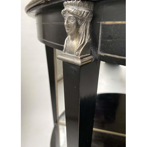 235 - CONSOLE DESSERTE, early 19th century French Empire demi lune ebonised with silvered mounts, mirror b... 