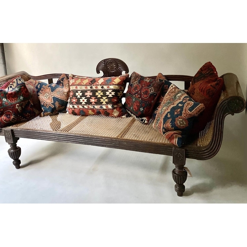236 - ANGLO INDIAN SEAT, mid 19th century, carved teak and cane panelled, with reeded turned supports and ... 