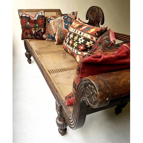 236 - ANGLO INDIAN SEAT, mid 19th century, carved teak and cane panelled, with reeded turned supports and ... 
