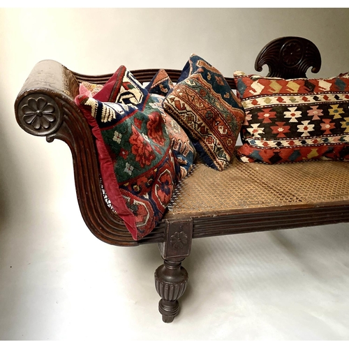 236 - ANGLO INDIAN SEAT, mid 19th century, carved teak and cane panelled, with reeded turned supports and ... 