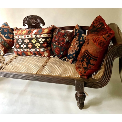 236 - ANGLO INDIAN SEAT, mid 19th century, carved teak and cane panelled, with reeded turned supports and ... 